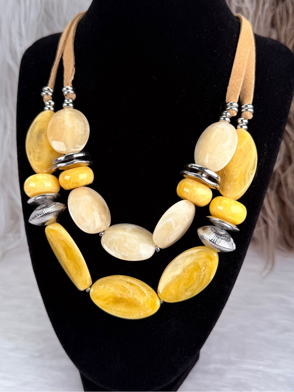 Yellow Cream Statement Necklace Silver Tone Accents Layered Beads
